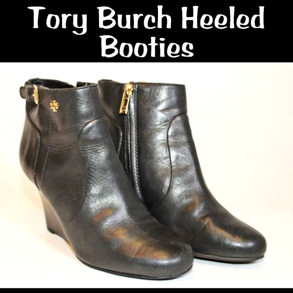 Tory Burch Womens 7 M Leather Wedge Heeled Zip Ankle Boots 👢 Booties - Picture 2 of 13